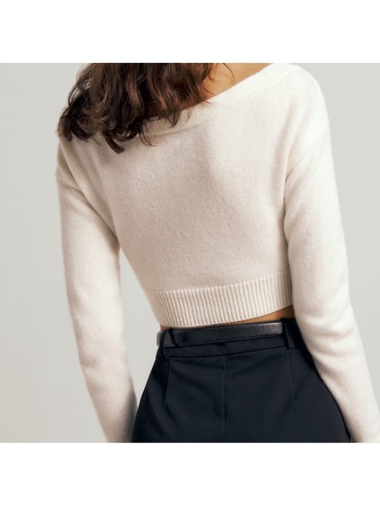 Reformation Millie Cashmere Cream Cropped Off-Shoulder Button Cardigan - Picture 10 of 10